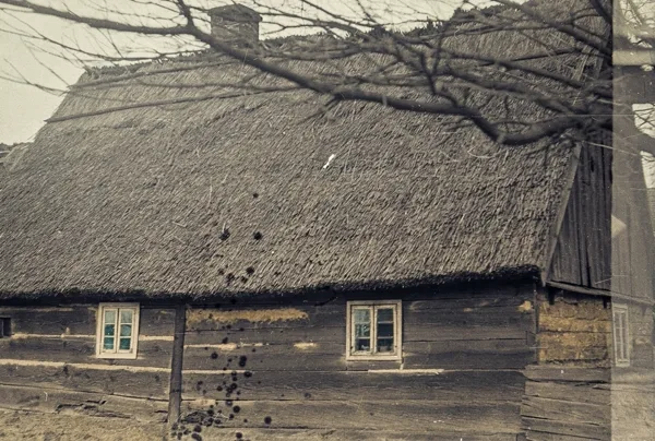 Najstarsza we wsi chałupa zrębowo-słupowa, Boruja, 1975, kolory zrekonstruowane